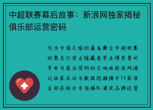 中超联赛幕后故事：新浪网独家揭秘俱乐部运营密码